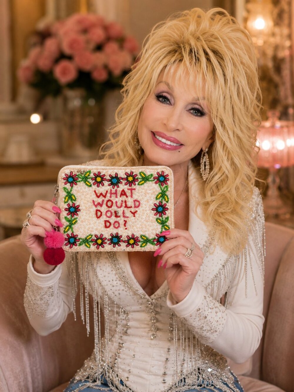 NEW DOLLY PARTON Seed Beaded Larger Style Pom-Pom Zipper Makeup Money Pouch